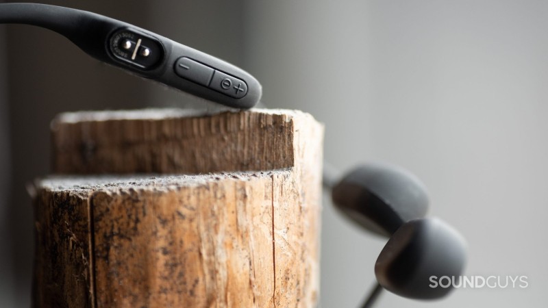 The Aftershokz Aeropex volume/power button and charging input.
