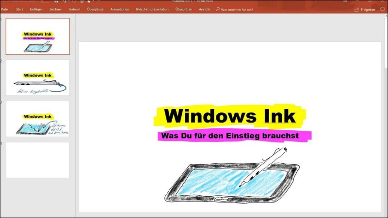 Dank Windows Ink lassen sich sogar Powerpoint-Präsentationen verschönern.