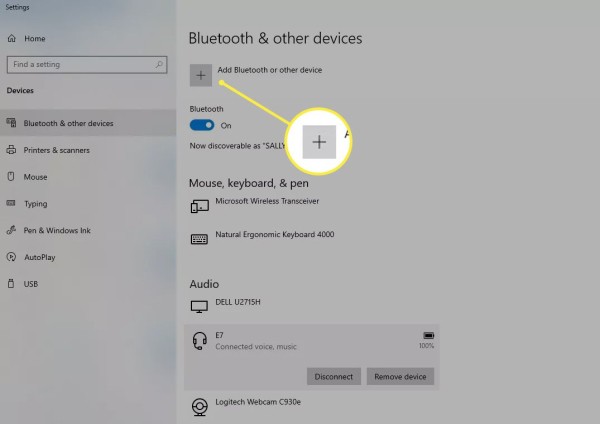 Windows 10 settings with the 'Add Bluetooth or other device' option highlighted