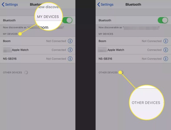 iPhone Bluetooth settings with 'My Devices' and 'Other Devices' highlighted