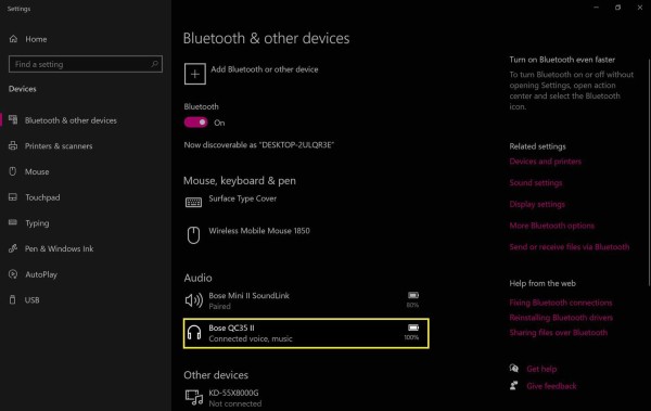 List of connected Bluetooth devices in Windows 10.