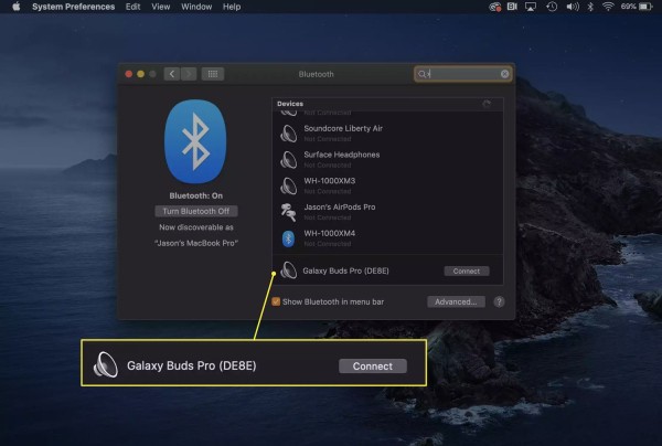 The Bluetooth pairing menu on macOS with the Samsung Galaxy Buds Pro ready to connect