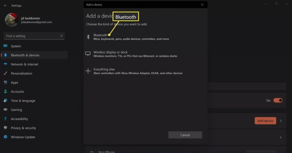 Bluetooth highlighted in the add a device menu in Windows 11