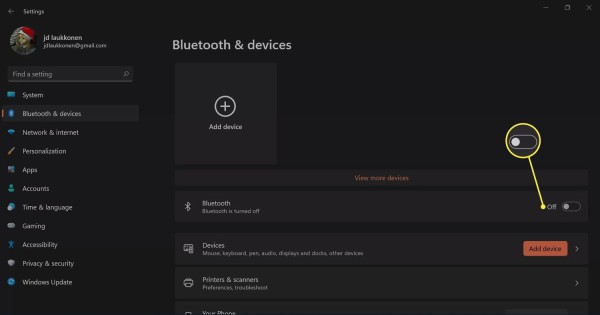 The disabled Bluetooth toggle highlighted in Bluetooth & devices in Windows 11.