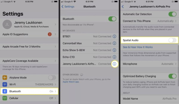 Steps to turn on Spatial Audio on iOS.