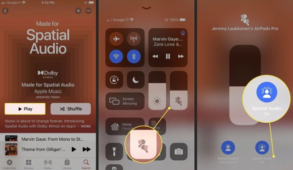 Steps to turn on Spatial Audio via the Control Center on iOS.